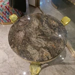 Round Natural Stone Sofa Side Table with Sculpted Ram-Head Gold-Tone Metal Legs and Lower Display Shelf